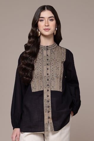 Ritu Kumar Aztec Embroidered Band Collar Full Sleeve Top 