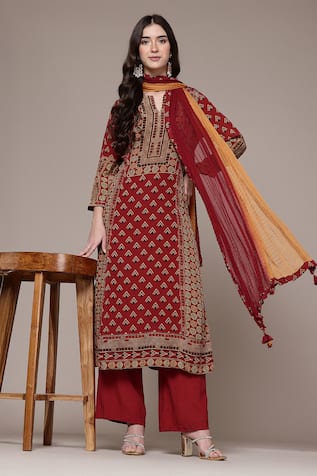 Ritu Kumar Geometric Print Kurta, Pant & Dupatta Set 