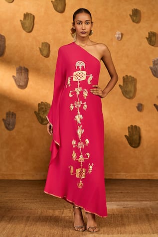 Masaba Raspberry Wishdrop Print One-Shoulder Kaftan