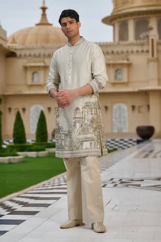 Tarun Tahiliani Pichwai Print Jacquard Kurta & Flared Trouser Set 