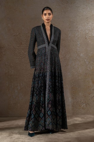 Tarun Tahiliani Mosaic Sequin Embroidered Jacket & Draped Dress Set 