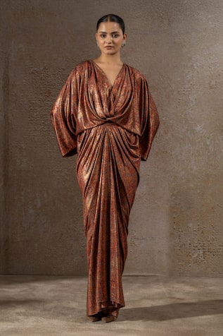 Tarun Tahiliani Draped Foil Jersey Dress 