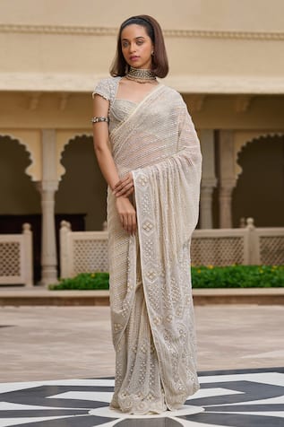 Tarun Tahiliani Pearl & Thread Embroidered Tulle Saree Set 