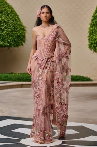 Tarun Tahiliani Floral Pattern Pre-Draped Saree & Corset Set 