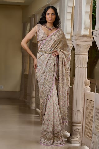 Tarun Tahiliani Kashida Embroidered Saree & Blouse Set 
