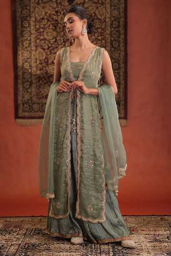 Farha Syed Embroidered Chanderi Silk Kurta Skirt Set 