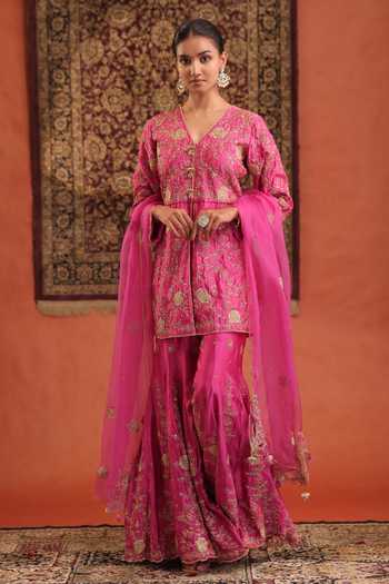Farha Syed Embroidered Silk Kurta Sharara Set 