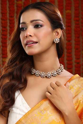 Ruby Raang Kundan Stone Floral Necklace & Earring Set 