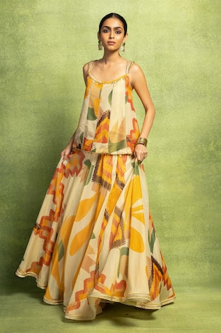 Vedika M Abstract Floral Printed Lehenga & Paneled Top Set 