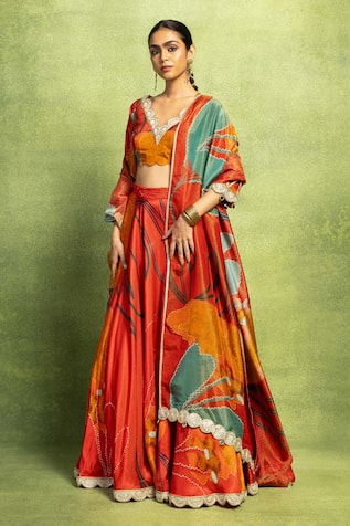 Vedika M Abstract Floral Printed & Embroidered Lehenga Set 
