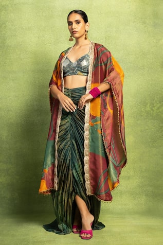 Vedika M Abstract Floral Printed Jacket & Skirt Set 