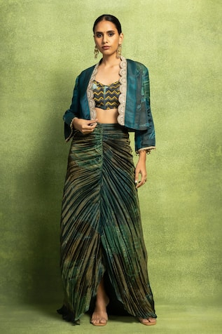 Vedika M Abstract Floral Embroidered Jacket & Skirt Set 