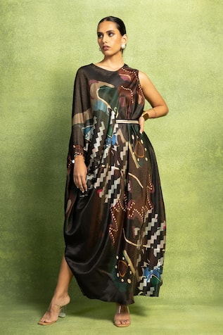 Vedika M Abstract Print Draped Dress With Sequin Belt 