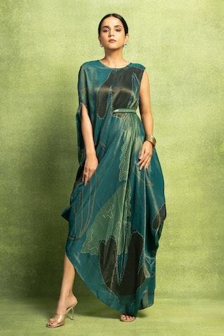 Vedika M Abstract Print Drape With Sequin Belt 
