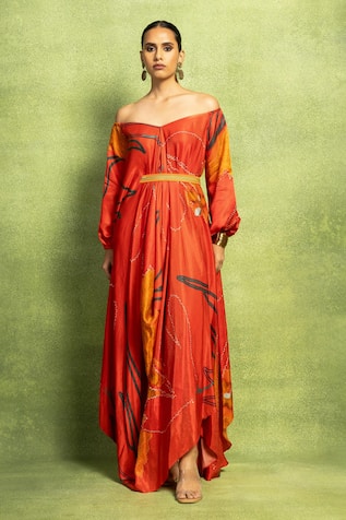 Vedika M Abstract Floral Print Off-Shoulder Dress With Belt 