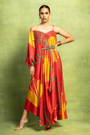 Vedika M Abstract Floral Print Asymmetric Drape Dress & Belt 