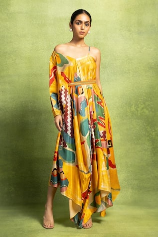 Vedika M Abstract Print Drape Dress With Sequin Belt 