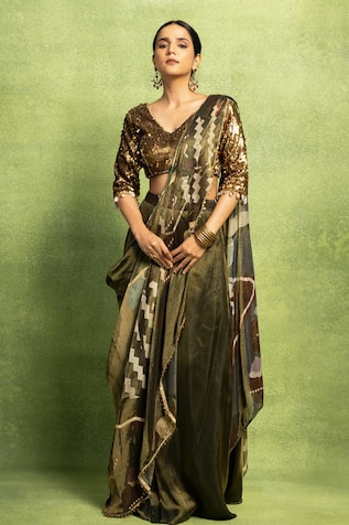 Vedika M Abstract Printed Pre-Stitched Saree & Sequin Blouse Set 