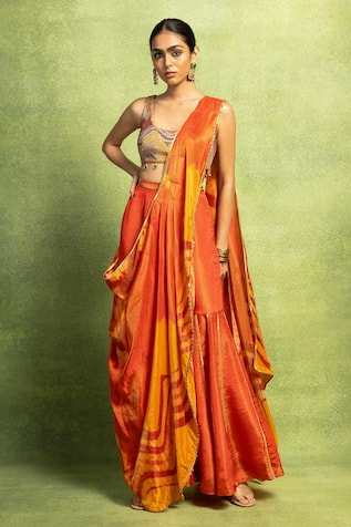 Vedika M Abstract Print Pre-Stitched Pant Saree With Blouse 