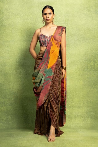 Vedika M Abstract Printed Pre-Stitched Saree & Blouse Set 
