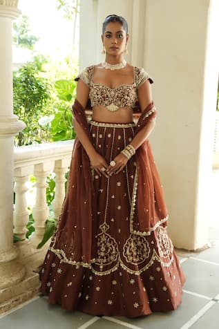 Enamour By Radha Embroidered Chocolate Brown Lehenga Set 