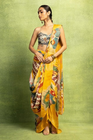 Vedika M Abstract Print Pre-Draped Saree & Sequin Blouse Set 