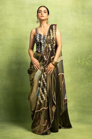 Vedika M Printed Pre-Stitched Saree & Sequin Blouse Set 