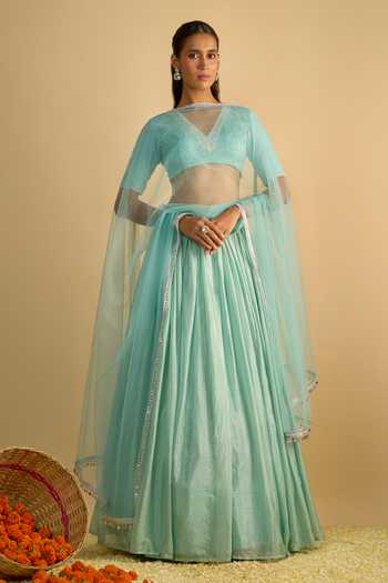 RAYASHA KHAN Bluebells Crystal Blue Silk Chiffon Lehenga Set 