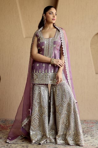 SUHINO Purple Tissue Kurta Gharara Set 