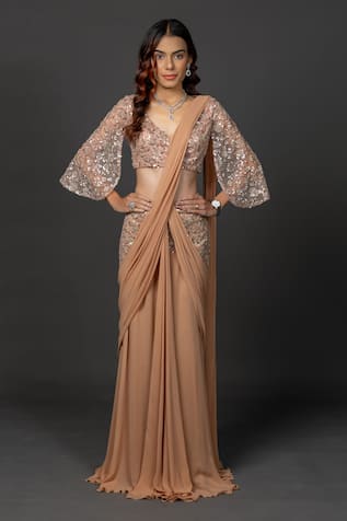 Damoiselle Mocha Gleam Pre-Draped Saree With Blouse 