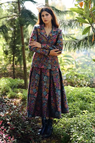 Safaa La Rose Noire Rose Motif Blazer & Skirt Set 