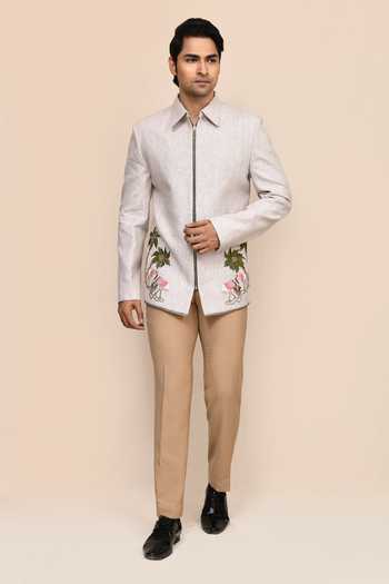 Aryavir Malhotra Light Grey Hand Work Jacket & Beige Pant Set 
