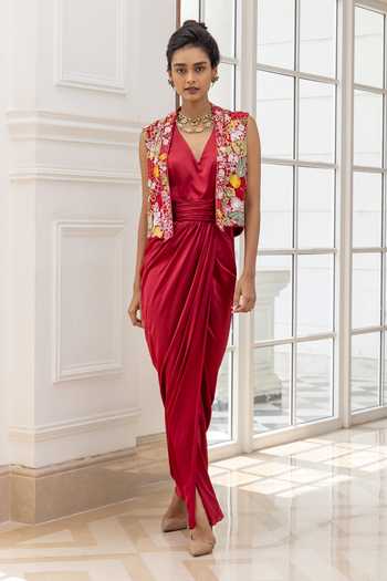 House Of Armuse Red Draped Dress & Floral Embroidered Jacket Set 