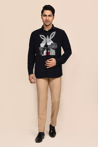 Aryavir Malhotra Navy Blue Terry Rayon Shirt 