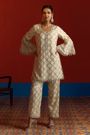 Mustard Moon By Neyha And Vrinda Gota Embroidered Bell Sleeve Kurta & Pant Set 
