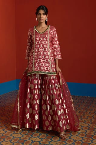 Mustard Moon By Neyha And Vrinda Banarasi Chanderi Kurta Sharara Set 