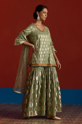 Mustard Moon By Neyha And Vrinda Banarasi Chanderi Kurta Sharara Set 