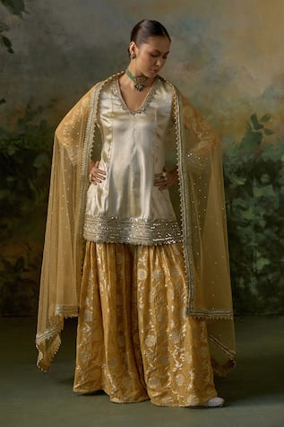 Mustard Moon By Neyha And Vrinda Brocade Pattern Kurta Sharara Set 