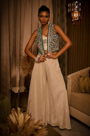 Babita Malkani Crushed Fabric Bustier Jacket & Flared Pant Set 