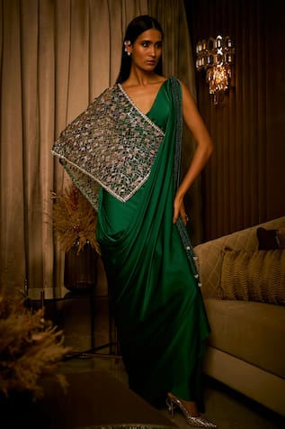 Babita Malkani Draped Saree Gown With Embroidered Tulle Cape 