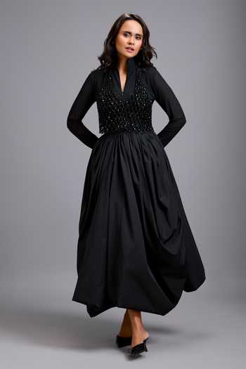 Deepika Arora Black Net Beads Split , High Neck, Fit And Flare Dress With Jacket| Aza Fashions