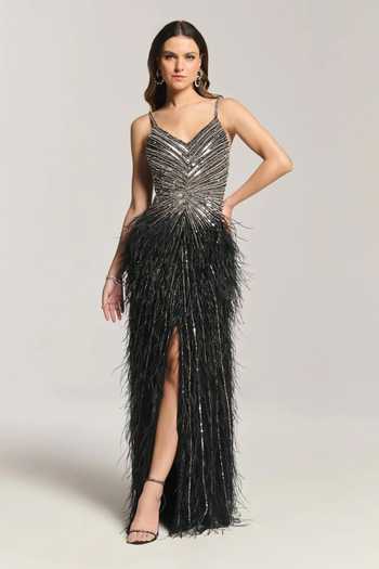 Bling Empire Embellished Feather Fall Gown 