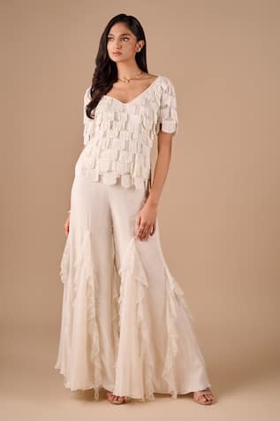 Shriya Som Scallop Fringe Top & Lace Ruffle Godet Pant Set 