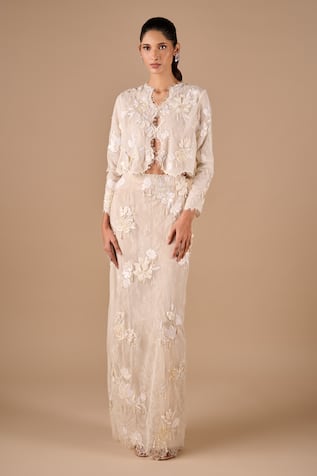 Shriya Som Floral Fringe Lace Jacket & Skirt Set 