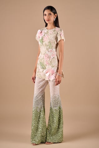 Shriya Som Beaded Floral Tunic & Ombre Sequin Pant Set 