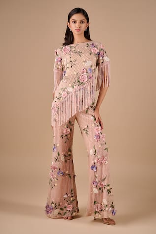 Shriya Som Floral Grid Fringe Top & Pant Set 