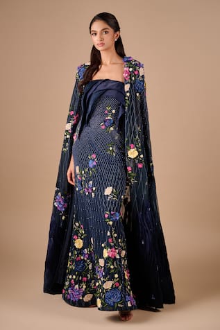 Shriya Som Draped Column Gown With Floral Textured Cape 