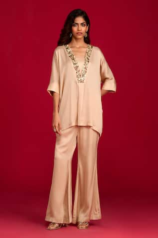 Megha Pitti Sequin Hand Embroidered Top With Bell Bottom Pant 