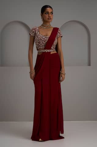 Maisolos Embroidered Blouse With Pre-Draped Saree 