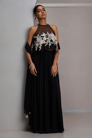 Maisolos Floral Embroidered Crop Top Sharara Set 